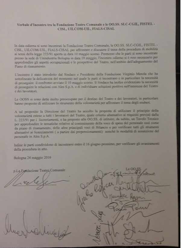 verbale dell'incontro teatro comunale di bologna - sindacati