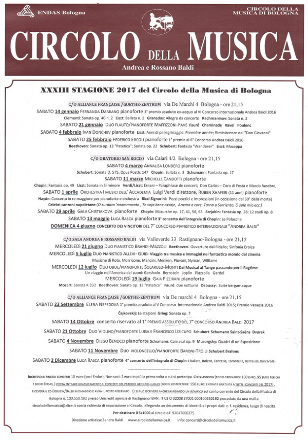 la stagione 2017 del circolo della musica di bologna
